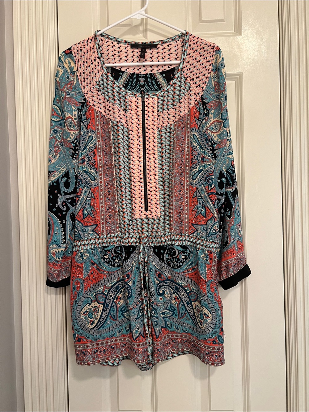 BCBG Maxazria Paisley Print Long-Sleeve Romper  in Coral and Teal